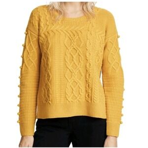 Madewell Cable Knit Pom Pom Sleeve Merino Wool Sweater Mustard Yellow Sz S